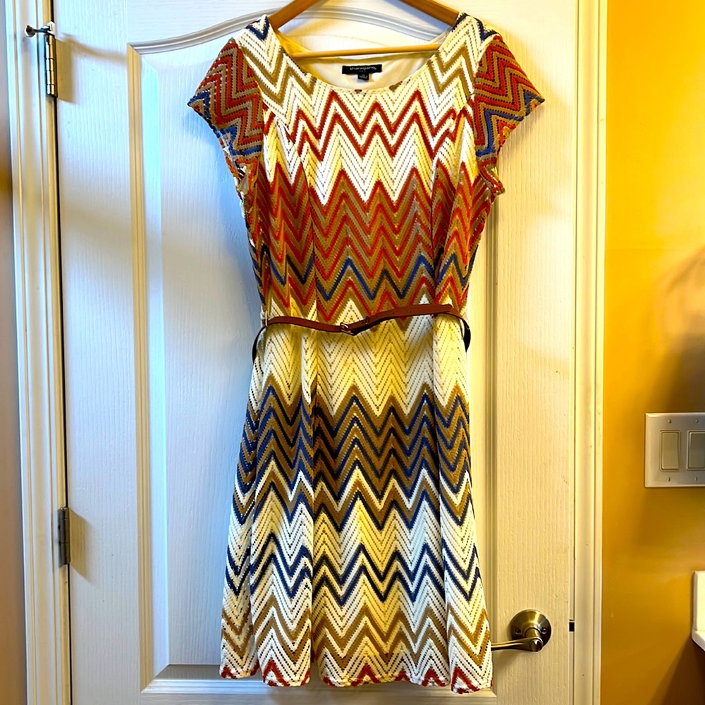 Lace, lined a-line dress with brown faux-leather belt